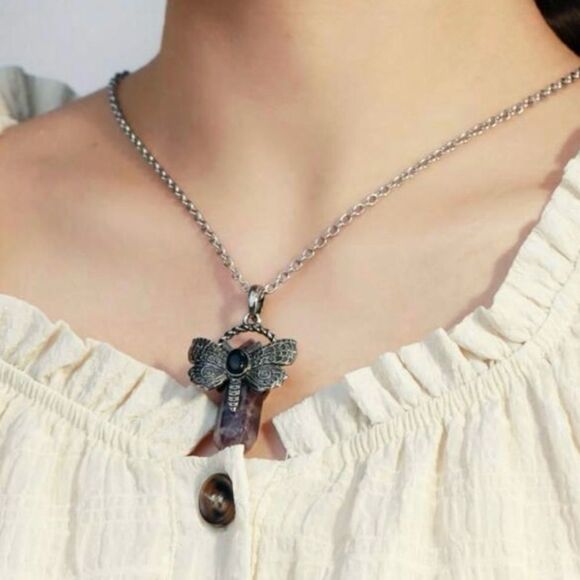 Gothic Moth Pendant Necklace with Antique Silver tone and Purple Gem - Picture 6 of 6